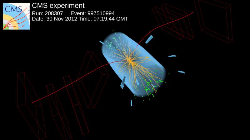 B_s meson decaying into two muons in the CMS detector, at the Large Hadron Collider.