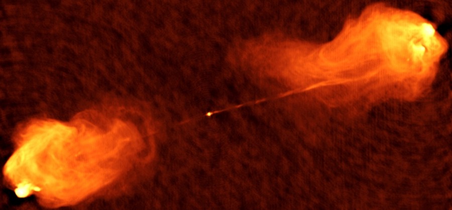 Two jets shooting out of the center of the active galaxy known as Cygnus A. Like all active galactic nuclei, Cygnus A is powered by a supermassive black hole.