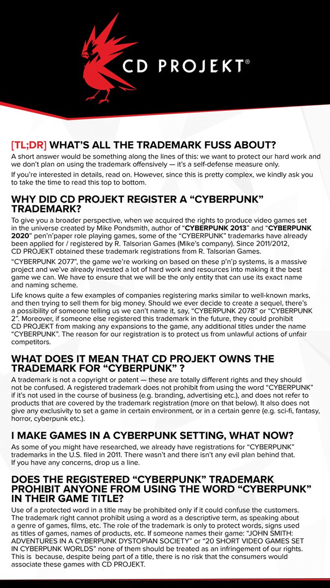 CD Projekt Red Explains Their Side of the Story on CYBERPUNK Trademark